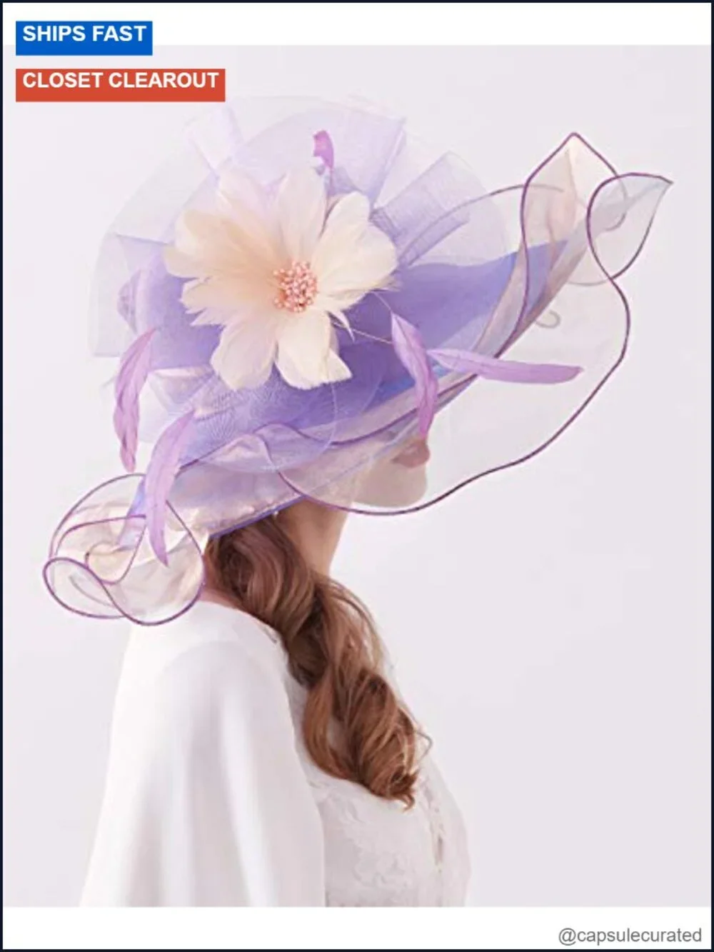 Wide Brim Organza Derby Hat Removable Flower Fascinator for Wedding Tea Party